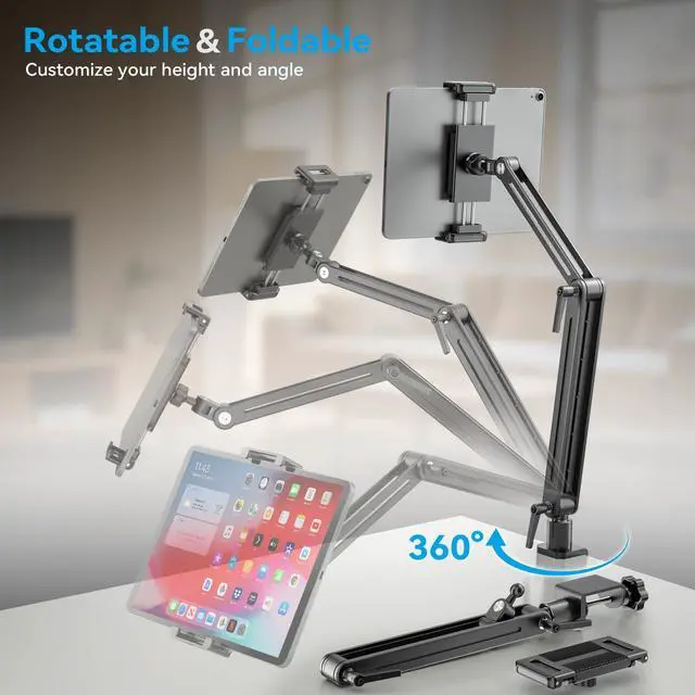 Alt view image 13 of 14 - Adjustable Portable Monitor Stand 15.6" - 360° Rotating Base Tall Tablet Desk Arm Holder Stand for iPad Air/Pro/Mini Swivel Flexible Bed Clamp Mount Soporte para Tablet/Monitor Portatil/Ereader