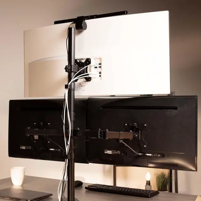 Alt view image 11 of 14 - Triple LCD LED Computer Monitor Desk Stand, Free Standing Heavy Duty Fully Adjustable Mount for 3 Screens up to 30 inches STAND-V003E
