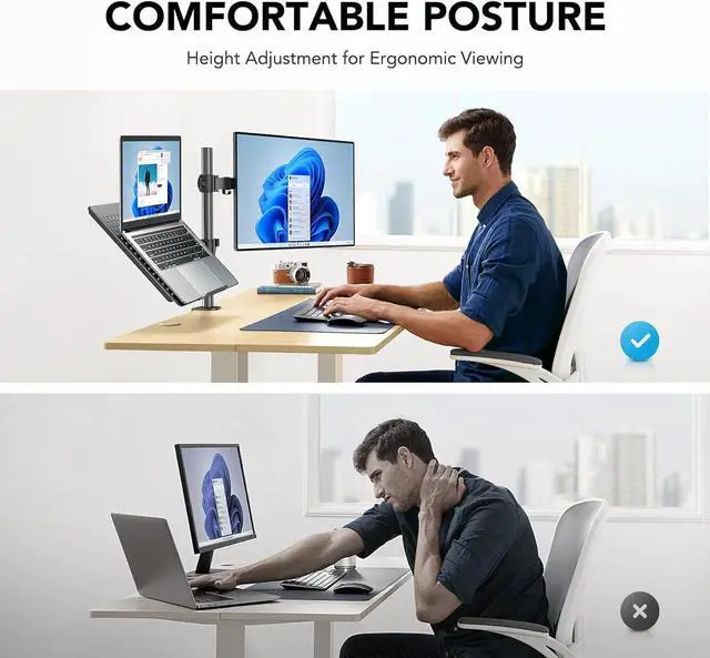Alt view image 10 of 14 - Adjustable Monitor Stand, Single Arm Desk Mount for 32 inch Screen and 17 inch Laptop, Heavy Duty Ergonomic Bracket Holds 22lbs