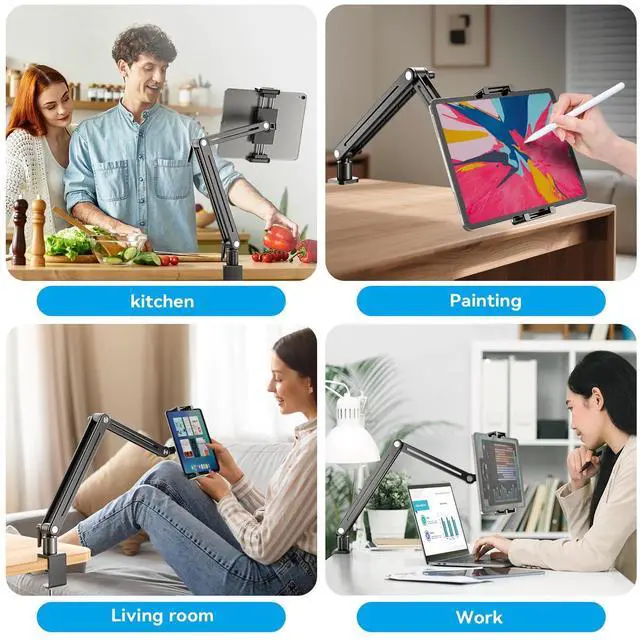 Alt view image 14 of 14 - Adjustable Portable Monitor Stand 15.6" - 360° Rotating Base Tall Tablet Desk Arm Holder Stand for iPad Air/Pro/Mini Swivel Flexible Bed Clamp Mount Soporte para Tablet/Monitor Portatil/Ereader