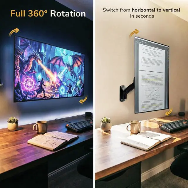 Alt view image 9 of 14 - Monitor Wall Mount Arm, Full-Motion Gas Spring, Fits 1332 Screens up to 14.3 lbs, VESA 75x75 & 100x100, Tilt Swivel Rotate, Single-Stud Wall Mounted Computer Monitor Arm, RV Compatible