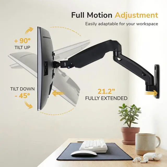 Alt view image 10 of 14 - Monitor Wall Mount Arm, Full-Motion Gas Spring, Fits 1332 Screens up to 14.3 lbs, VESA 75x75 & 100x100, Tilt Swivel Rotate, Single-Stud Wall Mounted Computer Monitor Arm, RV Compatible