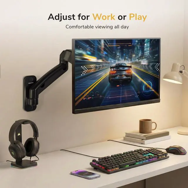 Alt view image 11 of 14 - Monitor Wall Mount Arm, Full-Motion Gas Spring, Fits 1332 Screens up to 14.3 lbs, VESA 75x75 & 100x100, Tilt Swivel Rotate, Single-Stud Wall Mounted Computer Monitor Arm, RV Compatible
