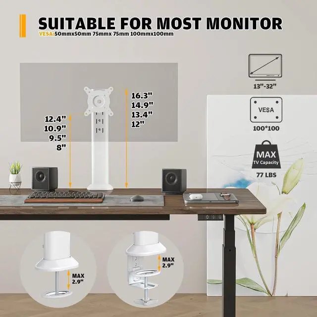 Alt view image 14 of 14 - Single Desk Monitor Arm Mount Stand Fit for 13 inch to 32 inch Flat Curved Computer Screen with Swivel, Height Adjustable, Rotation,Holds up to 77lbs, White