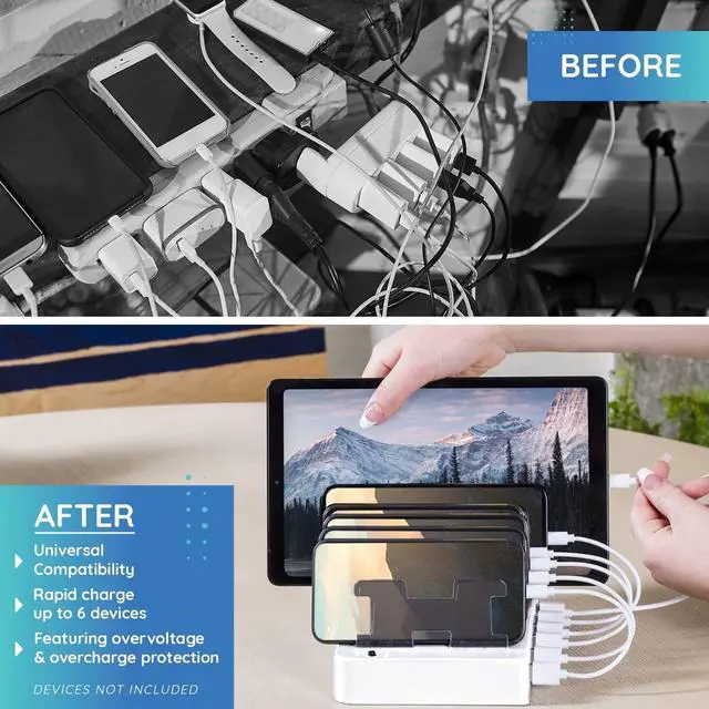 Alt view image 9 of 14 - Charging Station for Multiple Devices 6-Port USB Charging Dock for Apple & Android Fast Multi-Charger Organizer for Phones, Tablets & More Universal Desktop Charging Hub with Smart IC Tech