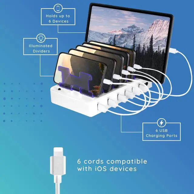 Alt view image 10 of 14 - Charging Station for Multiple Devices 6-Port USB Charging Dock for Apple & Android Fast Multi-Charger Organizer for Phones, Tablets & More Universal Desktop Charging Hub with Smart IC Tech