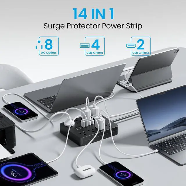 Alt view image 8 of 12 - Surge Protector Power Strip, 8 Outlets(1250W/10A), 6 USB Charging Ports(2 USB C), 6FT Flat Plug Extension Cord Outlet Extender with Overload Protection, ETL Certified for Office, Dorm Room