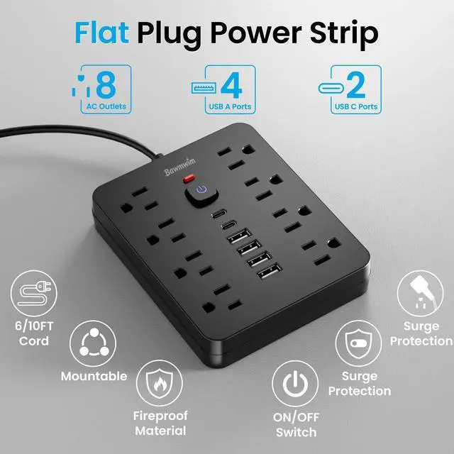 Alt view image 9 of 12 - Surge Protector Power Strip, 8 Outlets(1250W/10A), 6 USB Charging Ports(2 USB C), 6FT Flat Plug Extension Cord Outlet Extender with Overload Protection, ETL Certified for Office, Dorm Room
