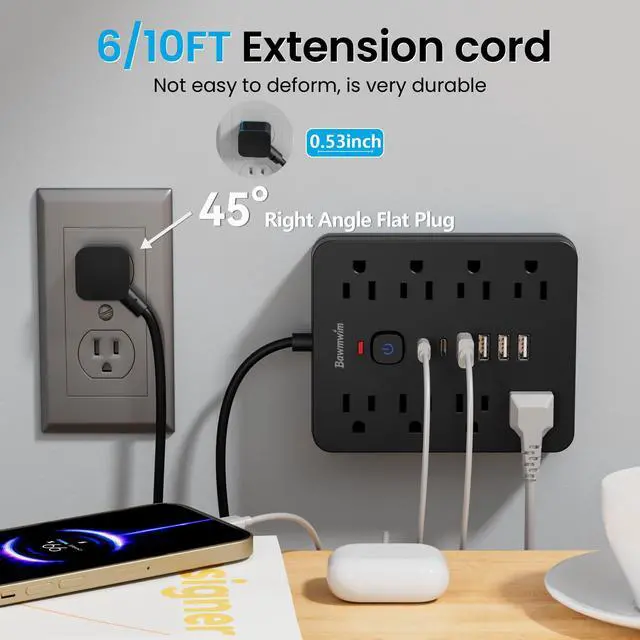 Alt view image 11 of 12 - Surge Protector Power Strip, 8 Outlets(1250W/10A), 6 USB Charging Ports(2 USB C), 6FT Flat Plug Extension Cord Outlet Extender with Overload Protection, ETL Certified for Office, Dorm Room