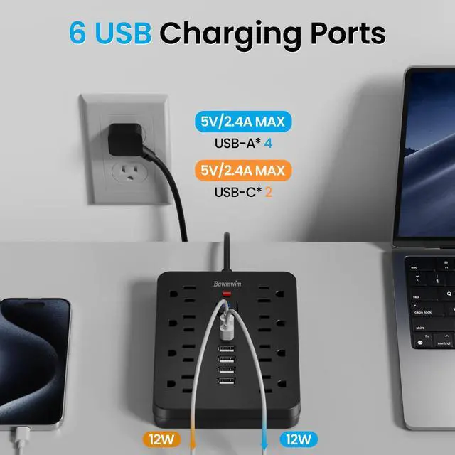 Alt view image 10 of 12 - Surge Protector Power Strip, 8 Outlets(1250W/10A), 6 USB Charging Ports(2 USB C), 6FT Flat Plug Extension Cord Outlet Extender with Overload Protection, ETL Certified for Office, Dorm Room