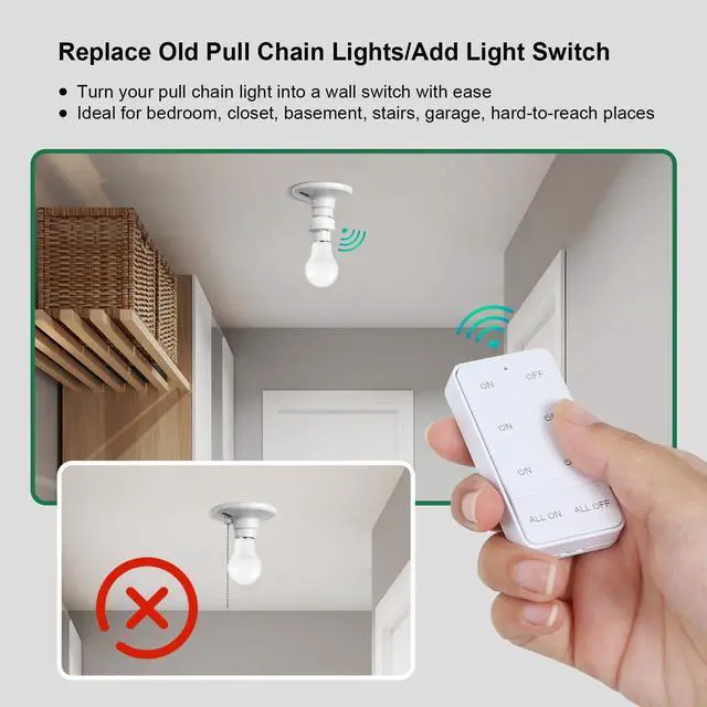 Alt view image 10 of 14 - Remote Control Light Bulb Socket, 200FT Long Range Wireless Light Switch, Remote Light Socket for Pull Chain Light Fixture, No Wiring Needed (1 Wall Mounted Switch and 2 Sockets)