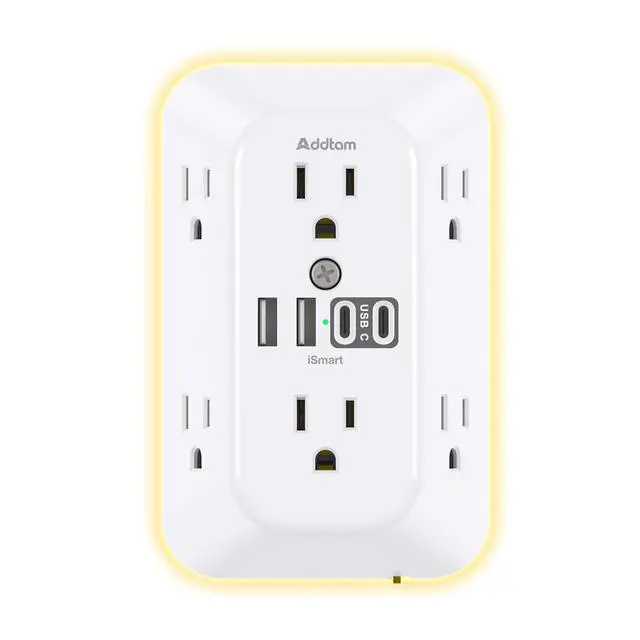 Alt view image 8 of 14 - Surge Protector Outlet Extender, 6 Outlet Splitter with Night Light and 4 USB Wall Charger(2 USB-C Ports), Multi Plug Wall Outlet Power Strip for Home Office Dorm Room Essentials