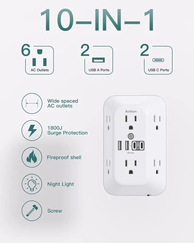 Alt view image 9 of 14 - Surge Protector Outlet Extender, 6 Outlet Splitter with Night Light and 4 USB Wall Charger(2 USB-C Ports), Multi Plug Wall Outlet Power Strip for Home Office Dorm Room Essentials