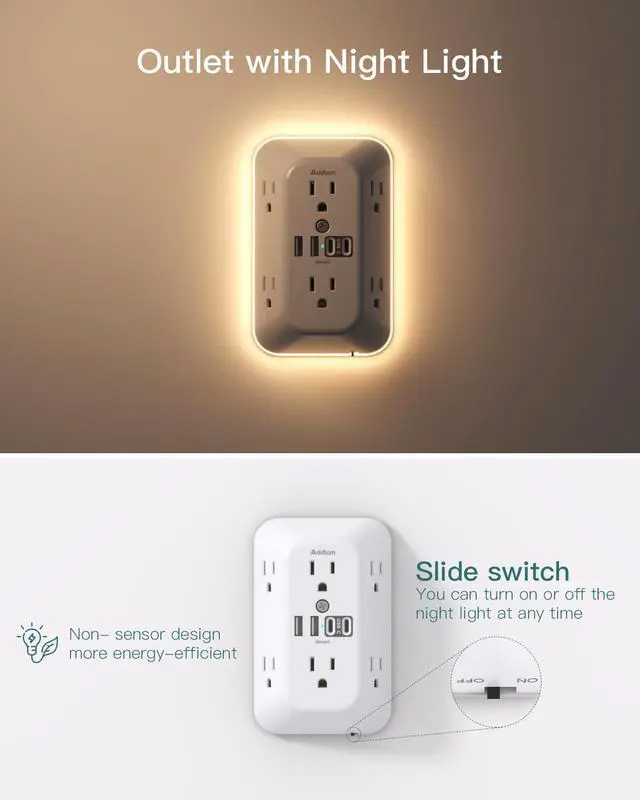Alt view image 10 of 14 - Surge Protector Outlet Extender, 6 Outlet Splitter with Night Light and 4 USB Wall Charger(2 USB-C Ports), Multi Plug Wall Outlet Power Strip for Home Office Dorm Room Essentials