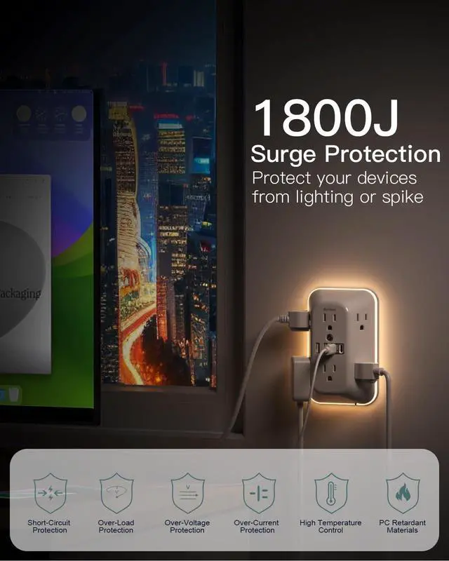 Alt view image 12 of 14 - Surge Protector Outlet Extender, 6 Outlet Splitter with Night Light and 4 USB Wall Charger(2 USB-C Ports), Multi Plug Wall Outlet Power Strip for Home Office Dorm Room Essentials