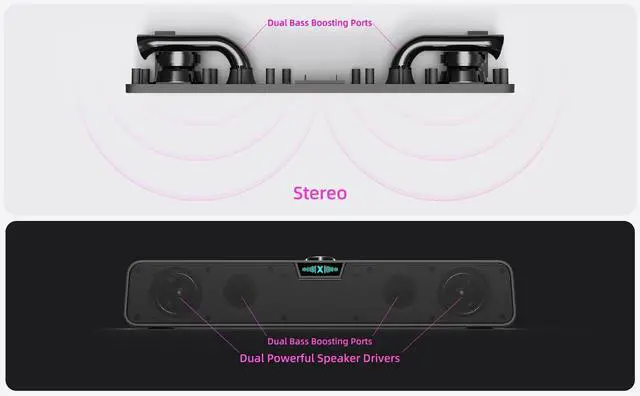 Alt view image 10 of 14 - Computer Soundbar Speakers for Desktop PC Mac, USB Plug-in, Wired, External Speakers for Laptop Desk Monitor, RGB Gaming Sound bar with HD Stereo Loud Sound, Punchy Bass, Volume Knob, USB C Adapter