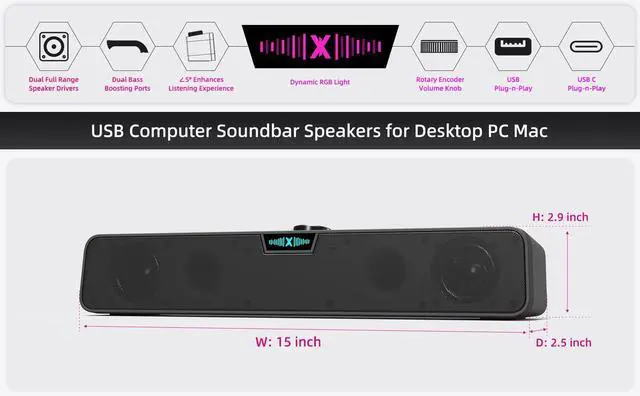 Alt view image 9 of 14 - Computer Soundbar Speakers for Desktop PC Mac, USB Plug-in, Wired, External Speakers for Laptop Desk Monitor, RGB Gaming Sound bar with HD Stereo Loud Sound, Punchy Bass, Volume Knob, USB C Adapter