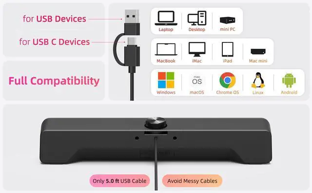 Alt view image 12 of 14 - Computer Soundbar Speakers for Desktop PC Mac, USB Plug-in, Wired, External Speakers for Laptop Desk Monitor, RGB Gaming Sound bar with HD Stereo Loud Sound, Punchy Bass, Volume Knob, USB C Adapter