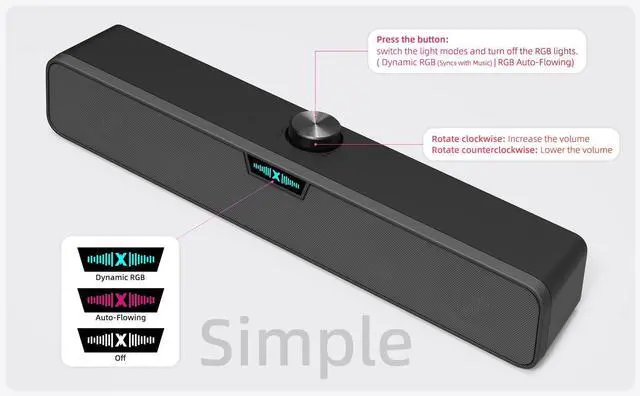 Alt view image 11 of 14 - Computer Soundbar Speakers for Desktop PC Mac, USB Plug-in, Wired, External Speakers for Laptop Desk Monitor, RGB Gaming Sound bar with HD Stereo Loud Sound, Punchy Bass, Volume Knob, USB C Adapter