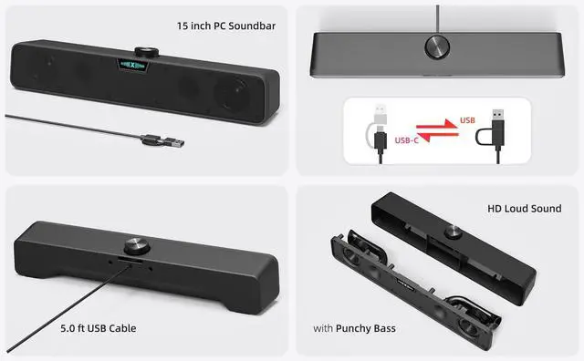 Alt view image 13 of 14 - Computer Soundbar Speakers for Desktop PC Mac, USB Plug-in, Wired, External Speakers for Laptop Desk Monitor, RGB Gaming Sound bar with HD Stereo Loud Sound, Punchy Bass, Volume Knob, USB C Adapter