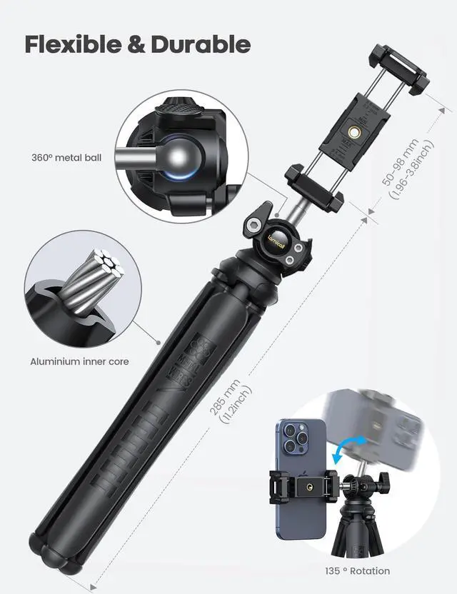 Alt view image 12 of 14 - Tripod for iPhone - 3 in 1 Flexible Phone Tripod with Wireless Remote - iPhone Stand for Video Recording Vlogging Selfie Valentines Day Gift Compatible with Phone GoPro, Digital Camera