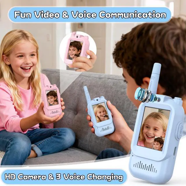 Alt view image 9 of 14 - Walkie Talkies for Kids Pack of 2, Rechargeable Long Range Two Way Radios Toys for Boys Girls Age 3-5, Outdoor Adventure Camping Hiking, Birthday with Pink Blue Design