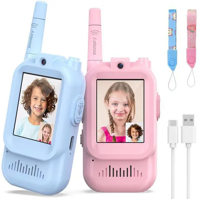 Alt view image 8 of 14 - Walkie Talkies for Kids Pack of 2, Rechargeable Long Range Two Way Radios Toys for Boys Girls Age 3-5, Outdoor Adventure Camping Hiking, Birthday with Pink Blue Design