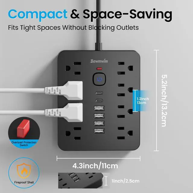 Alt view image 12 of 12 - Surge Protector Power Strip, 8 Outlets(1250W/10A), 6 USB Charging Ports(2 USB C), 6FT Flat Plug Extension Cord Outlet Extender with Overload Protection, ETL Certified for Office, Dorm Room
