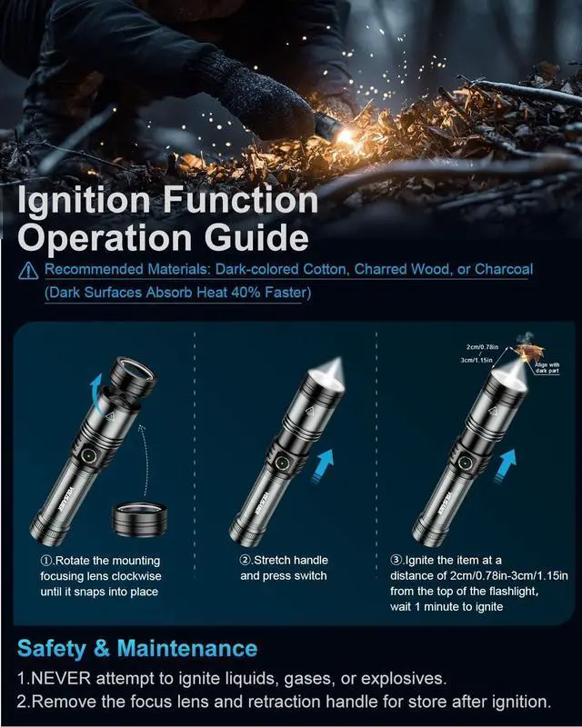 Alt view image 9 of 14 - Flashlight Rechargeable with Ignition Lens, Lightweight 1500LM Super Bright Flash Light, 5 Modes Zoomable Type-C High Powered Handheld Tactical Flashlights for Emergency Camping Essentials