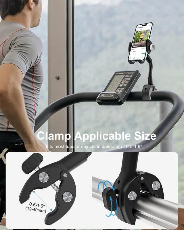 Alt view image 10 of 14 - Gooseneck Spin Bike Phone Holder, Cell Phone Mount Exercise Bike Handlebar Clamp for Stationary Bicycle, Treadmill, Microphone Stand, for iPhone Air 17 Pro Max 16 15 14 13 12, S25, 4.7-7" Smartphones