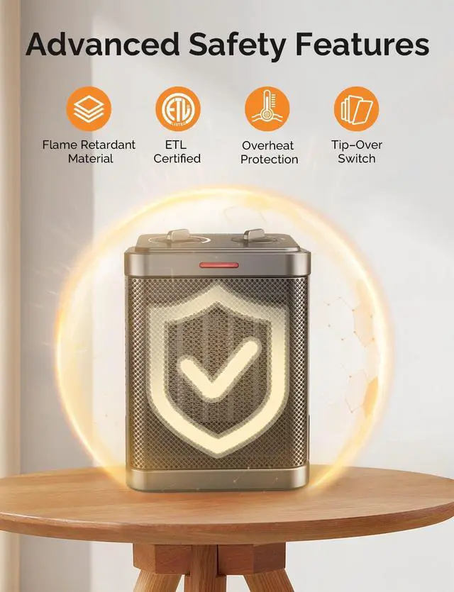 Alt view image 10 of 14 - Space Heater for Indoor Use, 1500W PTC Ceramic Heater with Thermostat, Small Space Heater 2S Rapid Heating, 3 Modes, Electric Portable Heater with Safety Protection for Bedroom, Quiet Office