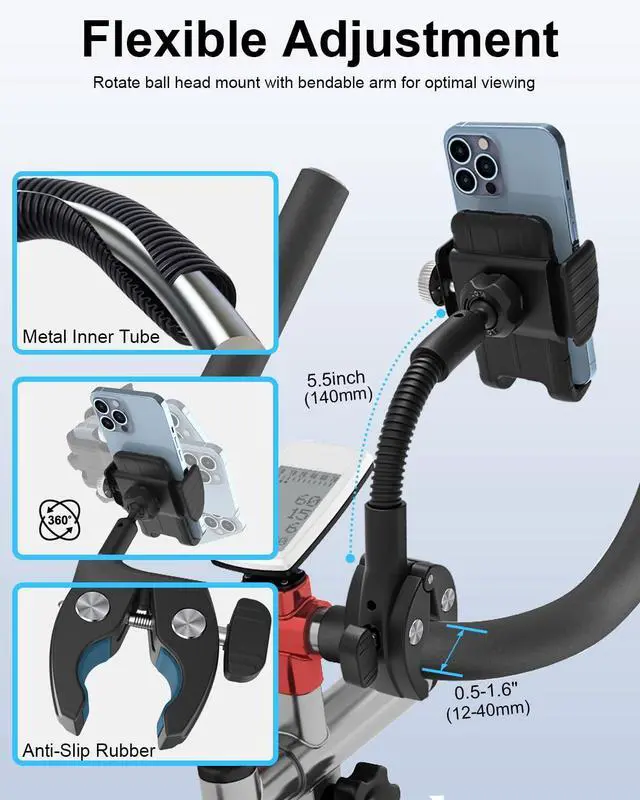 Alt view image 11 of 14 - Gooseneck Spin Bike Phone Holder, Cell Phone Mount Exercise Bike Handlebar Clamp for Stationary Bicycle, Treadmill, Microphone Stand, for iPhone Air 17 Pro Max 16 15 14 13 12, S25, 4.7-7" Smartphones