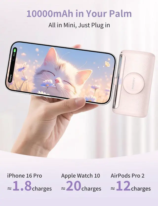 Alt view image 9 of 14 - Portable Charger, 10000mAh PD 22.5W Fast Charging Mini Power Bank with Built-in USB C Connector, 3-in-1 Battery Pack for iPhone 17/16/15 Pro/Max, Apple Watch Ultra/11/10/SE, iPad, Pink