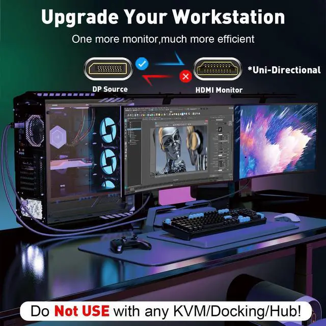 Alt view image 10 of 14 - 1.4 to HDMI 2.1 Cable (8K@60Hz,4K@120Hz,2K@144Hz) Uni-Directional 6FT DP (Source) to HDMI (Monitor) Braided Cord Support HDCP2.3/HDR10/DSC for AMD, NVIDIA