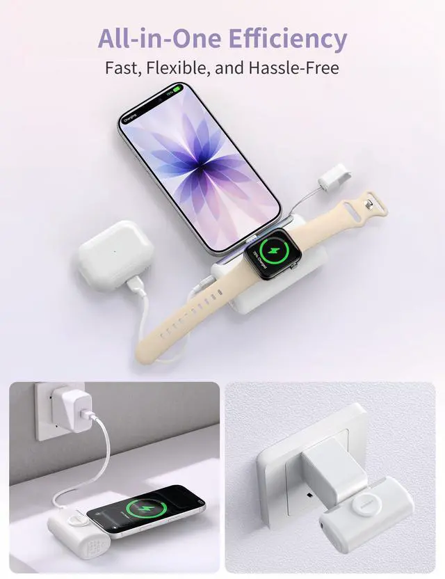 Alt view image 12 of 14 - Portable Charger, 10000mAh PD 22.5W Fast Charging Mini Power Bank with Built-in USB C Connector, 3-in-1 Battery Pack for iPhone 17/16/15 Pro/Max, Apple Watch Ultra/11/10/SE, iPad, Pink