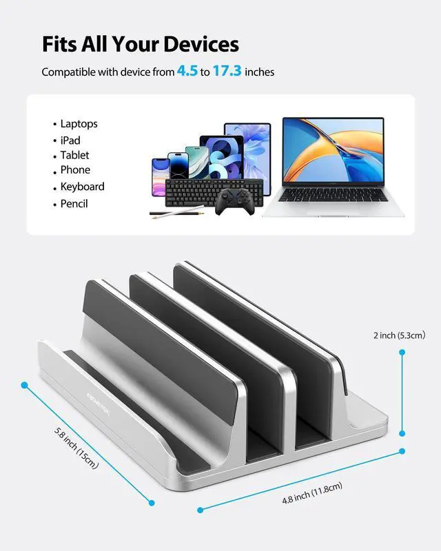 Alt view image 10 of 14 - Vertical Laptop Stand, 3 Slots Aluminum Desk Laptop Holder & Laptop Docking Station Stand for MacBook, Tablet, Phone - Universal Fit (Up to 17.3") - Heavy Duty Polished, Anti Slide - Silver