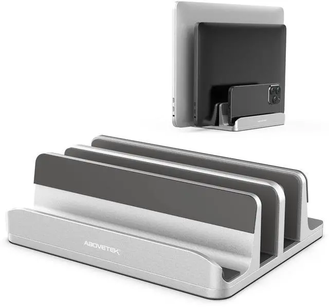 Alt view image 8 of 14 - Vertical Laptop Stand, 3 Slots Aluminum Desk Laptop Holder & Laptop Docking Station Stand for MacBook, Tablet, Phone - Universal Fit (Up to 17.3") - Heavy Duty Polished, Anti Slide - Silver