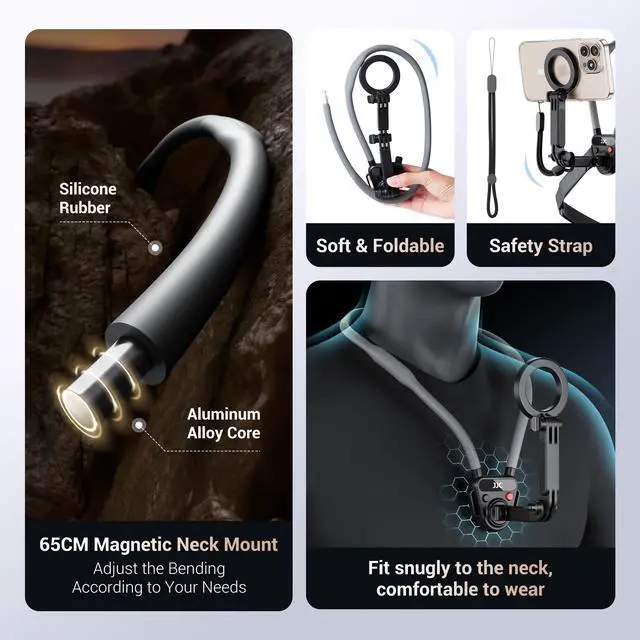 Alt view image 13 of 14 - Lightweight Magnetic Neck Mount for Phone & Action Camera,Magnet Neck Holder with 3 Removable Arms for iPhone 17 16 15 Series Android Osmo360 Action 5Pro Hero 13,POV/Vlog Selfie Mount Necklace Holder