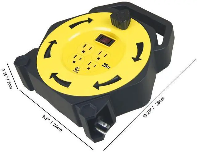 Alt view image 9 of 14 - Retractable Extension Cord Reel with 25 FT Power Cord,Hand Wind,16/3 AWG, 4 Grounded Outlets,13 Amp Circuit Breaker,UL Listed Yellow CR-031
