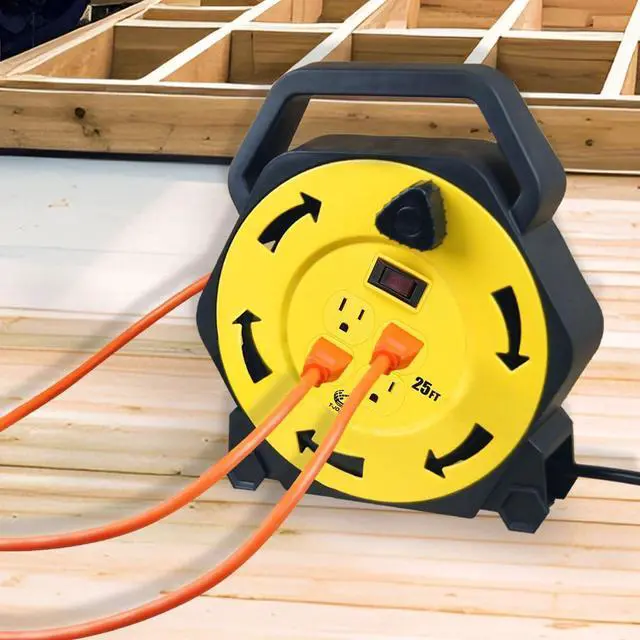 Alt view image 12 of 14 - Retractable Extension Cord Reel with 25 FT Power Cord,Hand Wind,16/3 AWG, 4 Grounded Outlets,13 Amp Circuit Breaker,UL Listed Yellow CR-031