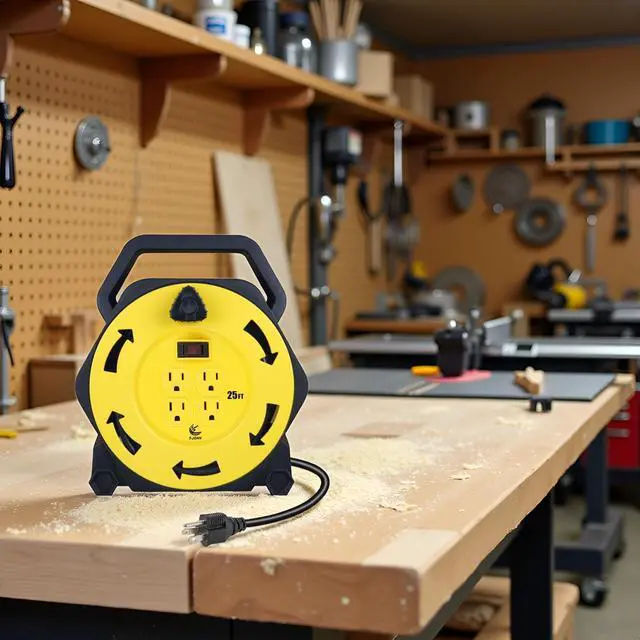 Alt view image 11 of 14 - Retractable Extension Cord Reel with 25 FT Power Cord,Hand Wind,16/3 AWG, 4 Grounded Outlets,13 Amp Circuit Breaker,UL Listed Yellow CR-031