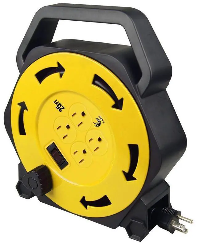 Alt view image 13 of 14 - Retractable Extension Cord Reel with 25 FT Power Cord,Hand Wind,16/3 AWG, 4 Grounded Outlets,13 Amp Circuit Breaker,UL Listed Yellow CR-031