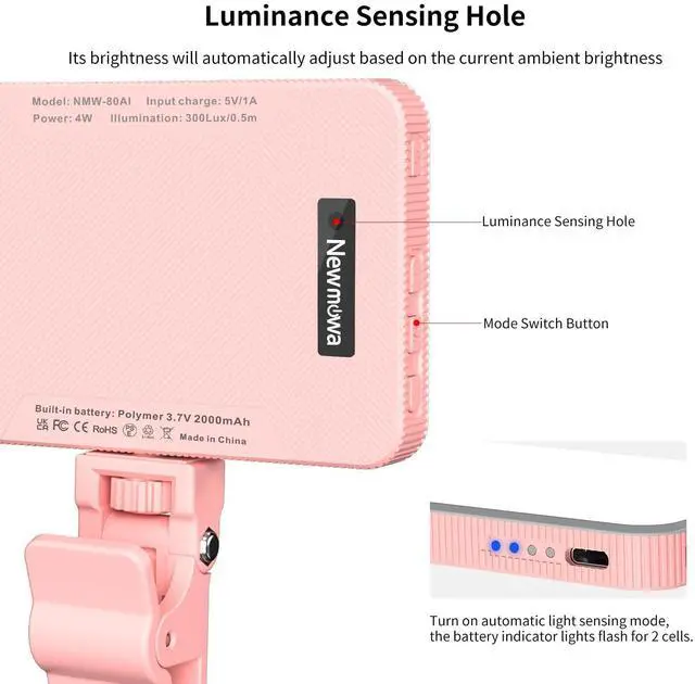 Alt view image 9 of 14 - Pink Rechargeable Selfie Light - Portable Clip-on Video Light for Phone/Laptop/Camera With Smart Sensor, 3 Modes, 2000mAh Battery for Selfie/Makeup/Video Conference/TikTok