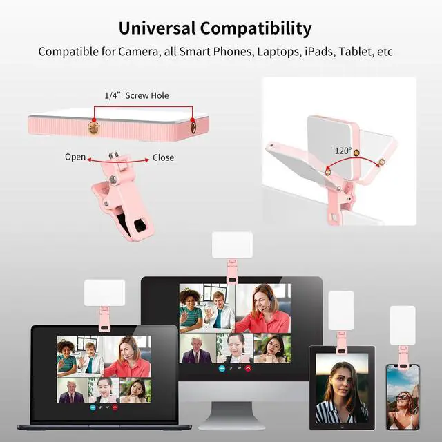 Alt view image 10 of 14 - Pink Rechargeable Selfie Light - Portable Clip-on Video Light for Phone/Laptop/Camera With Smart Sensor, 3 Modes, 2000mAh Battery for Selfie/Makeup/Video Conference/TikTok