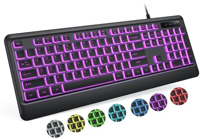 Alt view image 8 of 14 - Backlit Computer Keyboards, Wired USB LED Keyboard with 7 Colors Backlight, Plug and Play, Waterproof, Full Size Quiet Computer Keyboard for Windows Desktop, PC, Laptop, Gaming