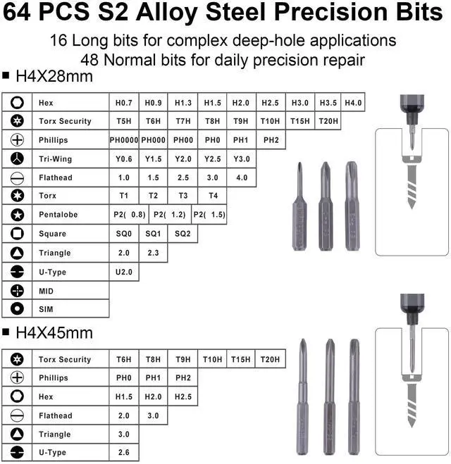Alt view image 13 of 14 - Mini Electric Screwdriver Set, 69 in 1 Small Electric Precision Screwdriver Set - 64 S2 Magnetic Bits, 5 Torque Settings, 4 LED Lights, Mini Electric Screwdriver Repair Kit for Computer Campera Phone