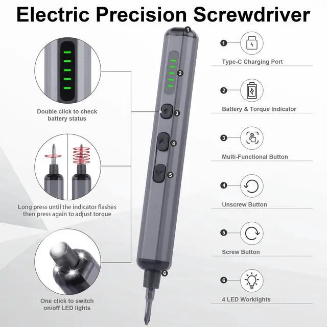 Alt view image 9 of 14 - Mini Electric Screwdriver Set, 69 in 1 Small Electric Precision Screwdriver Set - 64 S2 Magnetic Bits, 5 Torque Settings, 4 LED Lights, Mini Electric Screwdriver Repair Kit for Computer Campera Phone