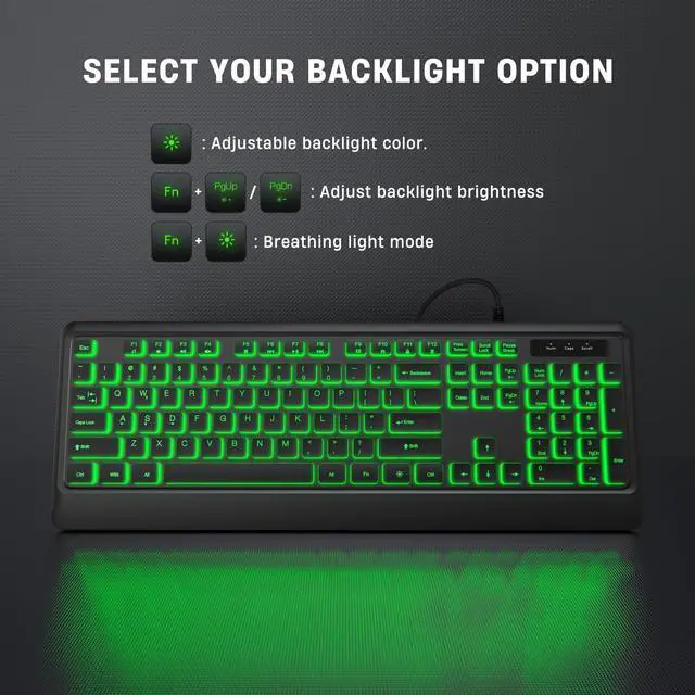 Alt view image 12 of 14 - Backlit Computer Keyboards, Wired USB LED Keyboard with 7 Colors Backlight, Plug and Play, Waterproof, Full Size Quiet Computer Keyboard for Windows Desktop, PC, Laptop, Gaming