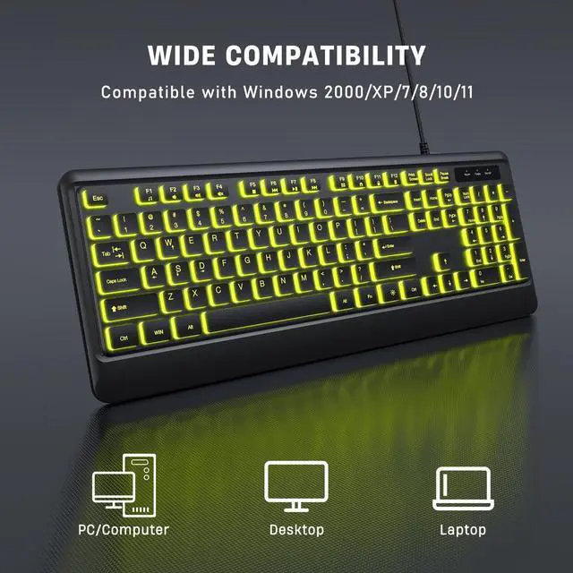 Alt view image 13 of 14 - Backlit Computer Keyboards, Wired USB LED Keyboard with 7 Colors Backlight, Plug and Play, Waterproof, Full Size Quiet Computer Keyboard for Windows Desktop, PC, Laptop, Gaming
