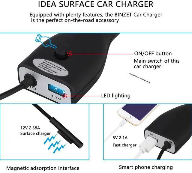 Alt view image 9 of 14 - Surface Car Charger, 42W 12V 2.58A Power Supply for Microsoft Surface Pro 3/Pro 4/Pro 5/Pro 6, Surface Book, Surface Go, Surface Laptop with 5V 2.1A USB Charging Port (5Ft Cord)